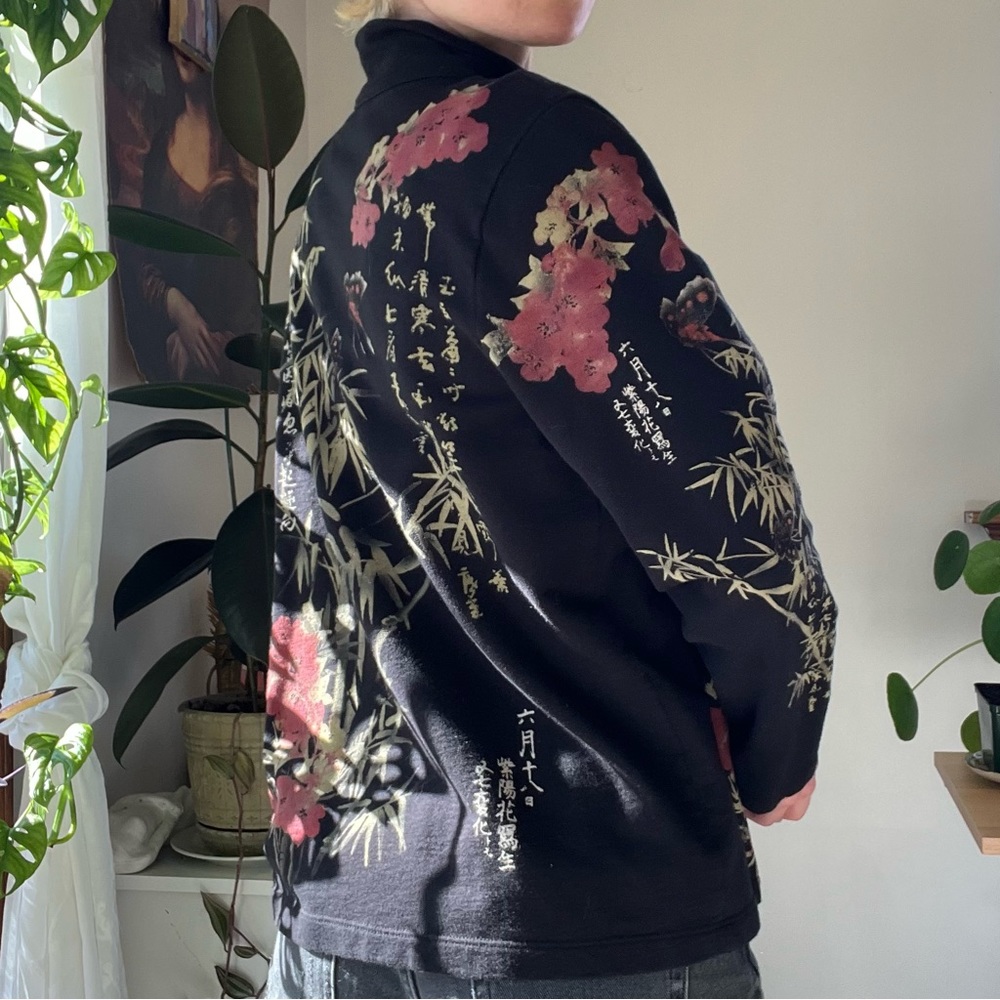 Y2K Cactus Black Bling Floral Bamboo Butterfly Print Lightweight Zip Up Jacket - Picture 6 of 10